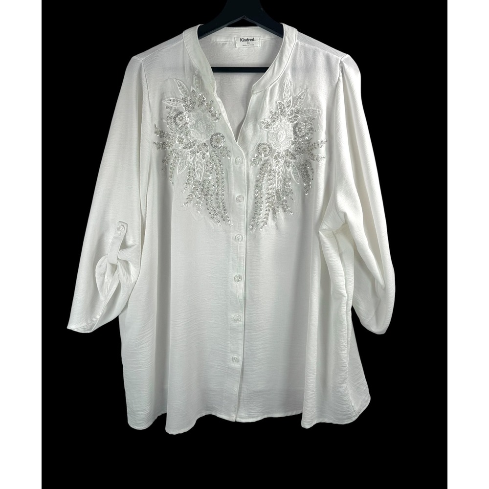 Kindred Button Down Blouse 2X White Sequin Embroidered Roll Tab Sleeve